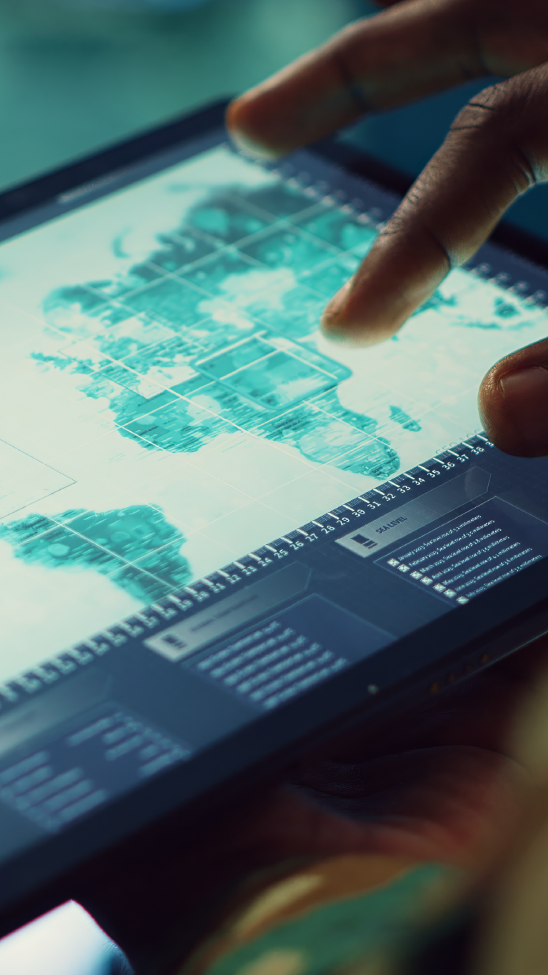 Fingers zooming on a tablet screen depicting a world map with different geographic details and metrics underneath the map.